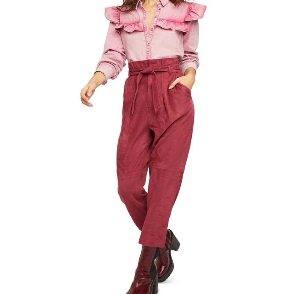 NWT Free People Nightfall Vegan Burgundy Tapered Faux Suede pants 10 - Picture 2 of 4